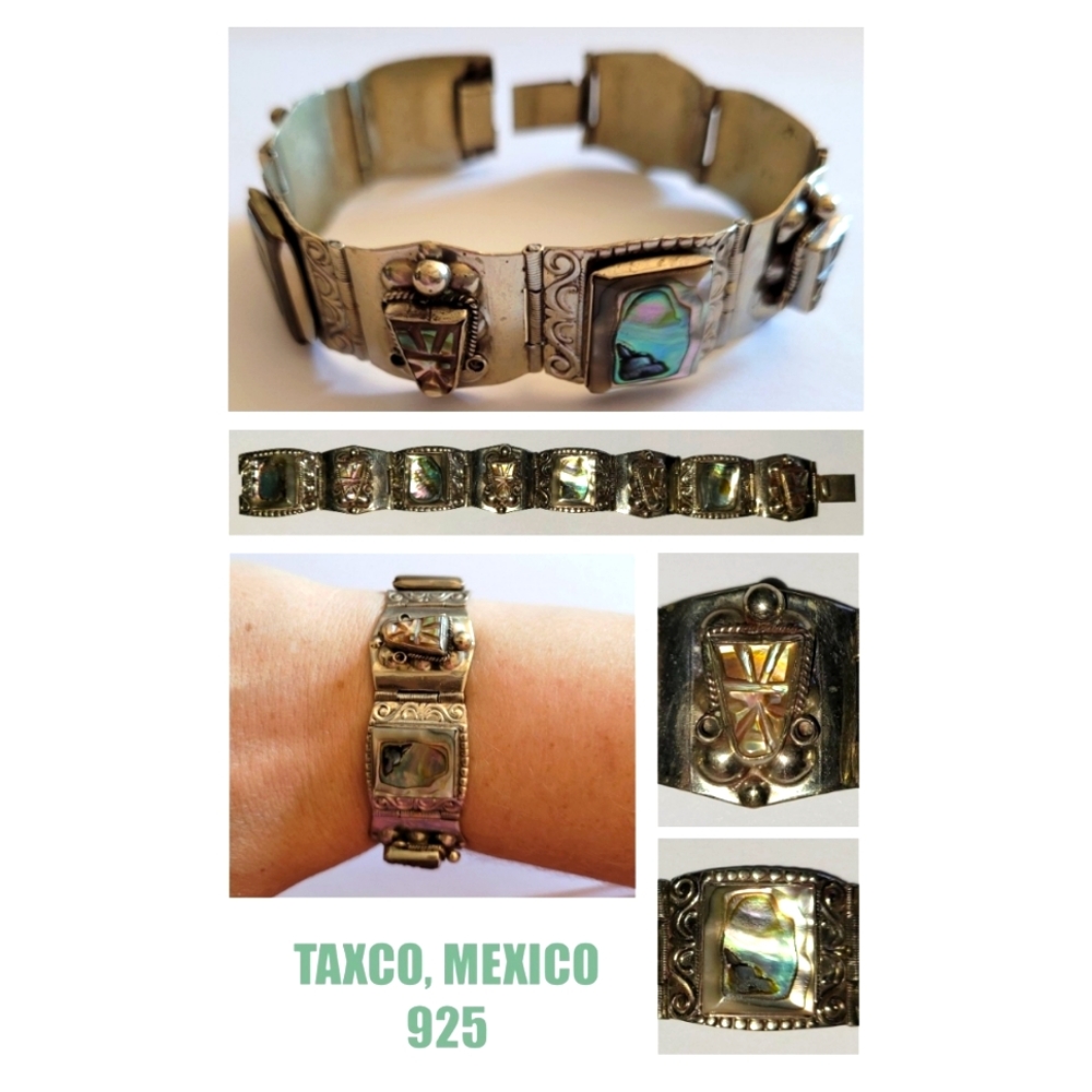 VTG Taxco Mexico Aztec Warrior Abalone MOP Panel Bracelet Wide Cuff Silver 52g